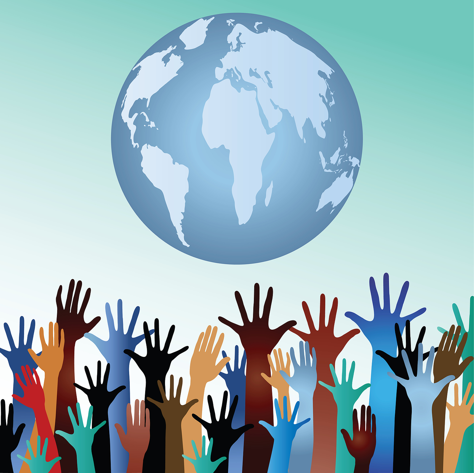 An image of many hands in different colours trying to reach the globe An image of many hands in different colours trying to reach the globe